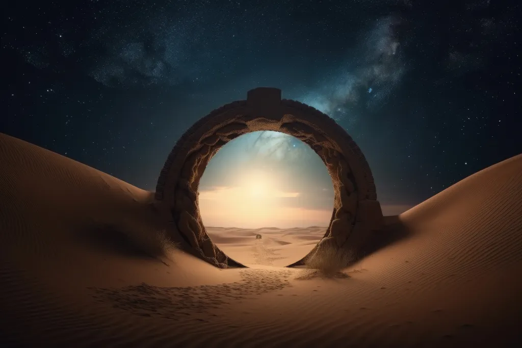 Illustration of mystical stone portal in the desert, fantasy and fiction concept. Generative AI