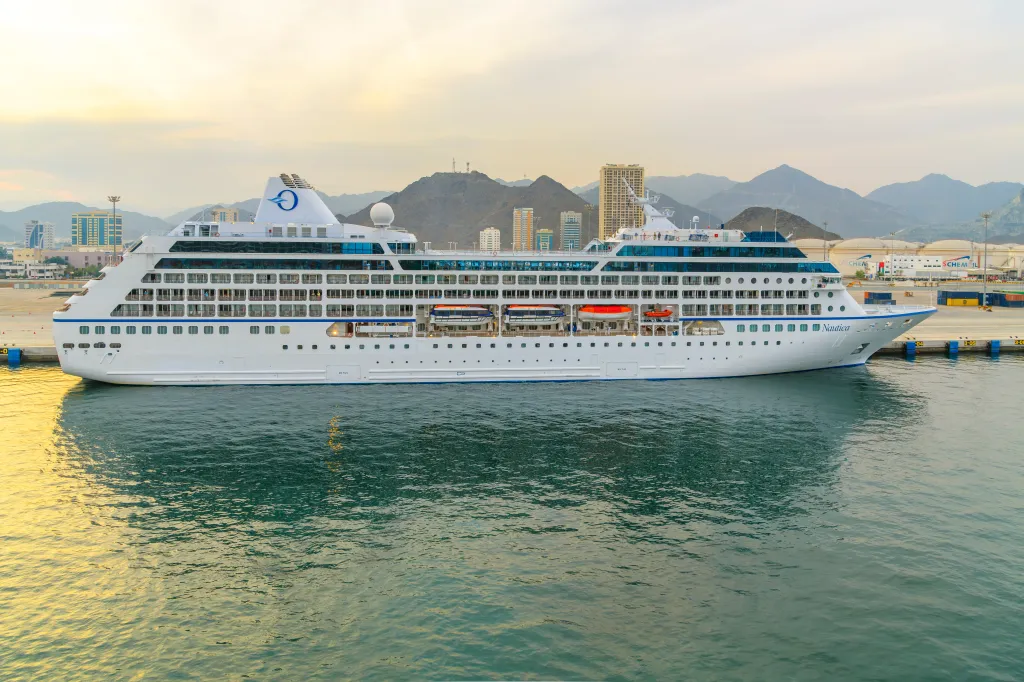 Oceania Cruise Line's MS Nautica docked in Fujairah, United Arab Emirates.