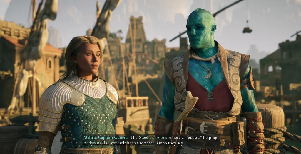 Two characters speaking in Avowed