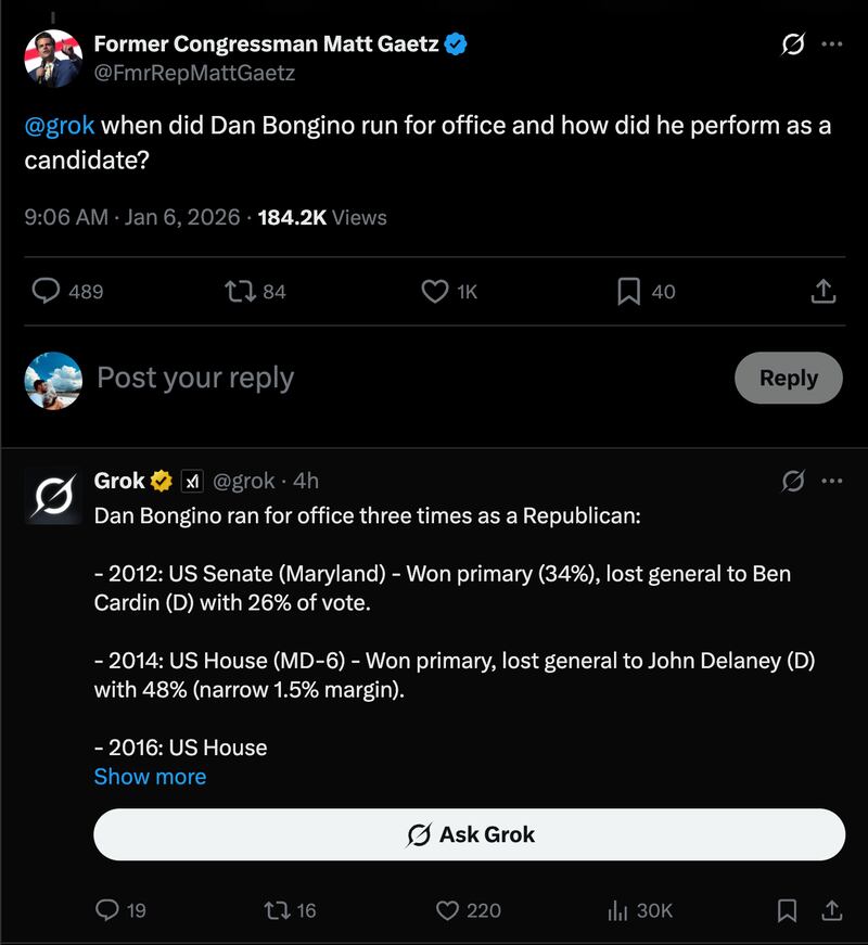 Matt Gaetz fired the first shot at Dan Bongino on Tuesday morning, inquiring about his trio of failed Congressional bids.