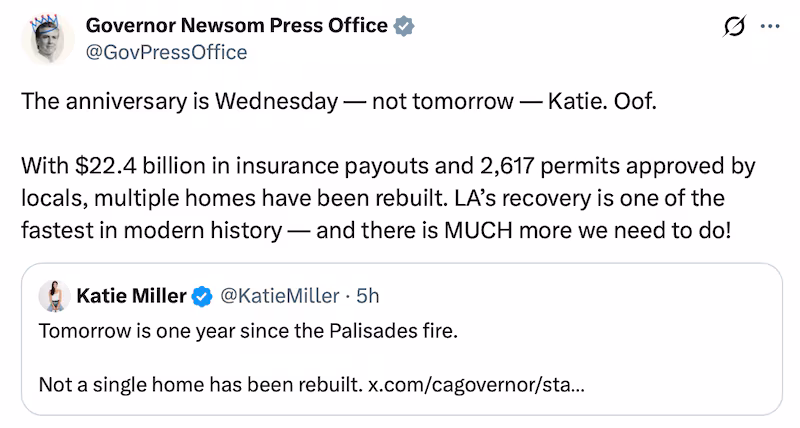 Gavin Newsom mocks Katie Miller's timeline on X.