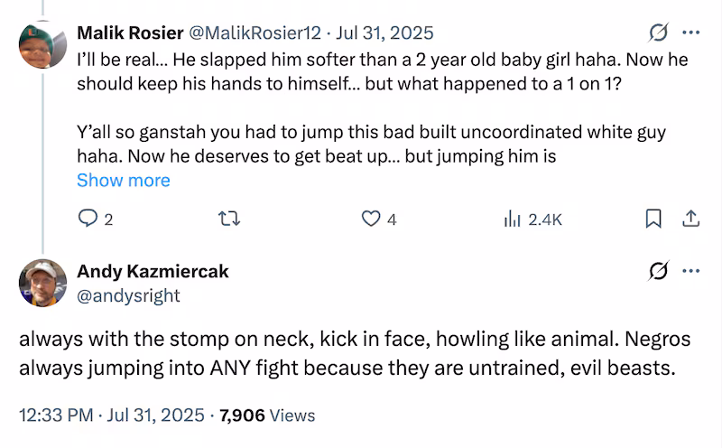 Kazmierczak calls black people "untrained, evil beasts."