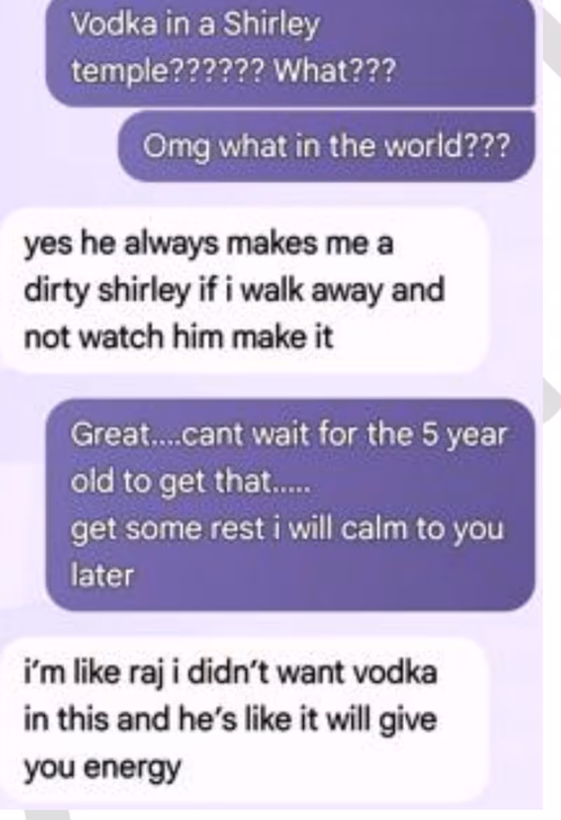 Texts between Hadley and an underage Bedminster employee who said the bartender repeatedly added alcohol to her drinks.