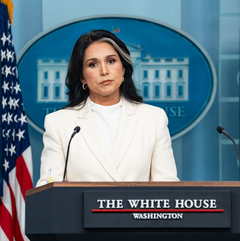 White House Press Secretary Karoline Leavitt speaks during a press with Director of National Intelligence Tulsi Gabbard speaks during a press briefing at the White House in Washington, Wednesday, July 23, 2025. (Photo by Andrew Thomas / Middle East Images via AFP) (Photo by ANDREW THOMAS/Middle East Images/AFP via Getty Images)