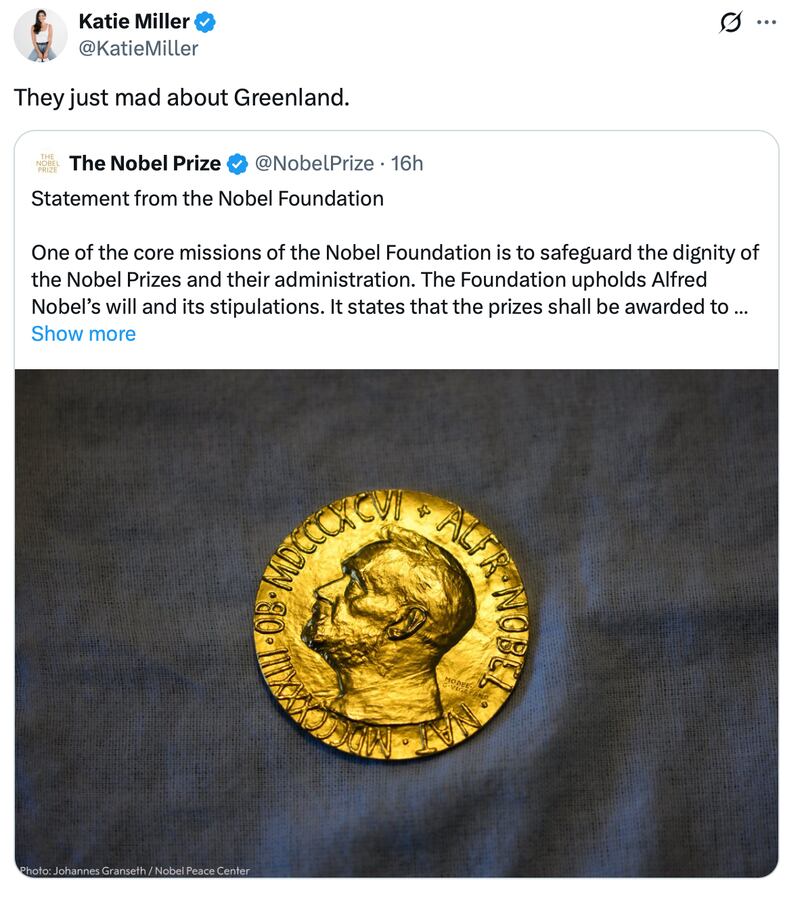 Katie Miller conflates Trump receiving someone else's Nobel Peace Prize with Greenland.
