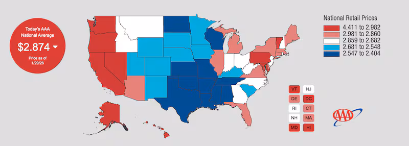 Average gas prices across the country are well over $2. The cheapest state, Oklahoma, has an average cost per gallon of $2.40.