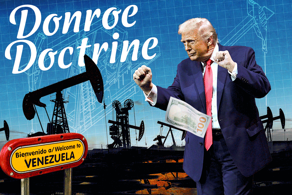 Illustration depicting Donald Trump in a boxing pose, holding a $100 bill, with oil derricks and a 
