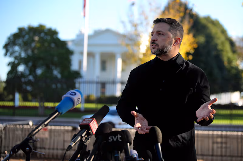 Ukrainian President Volodymyr Zelensky speaks during a news conference in Lafayette Square.