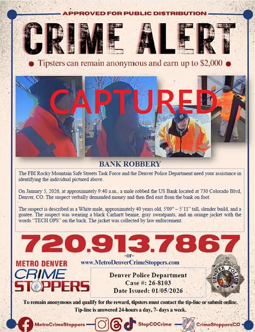 Crime alert poster for a bank robbery suspect labeled 