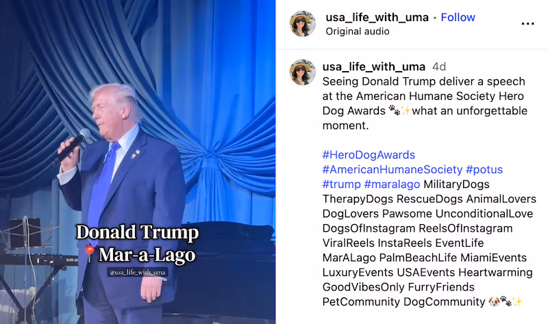 President Donald Trump speaking at Mar-a-Lago in a video posted to Instagram by user @usa_life_with_uma.