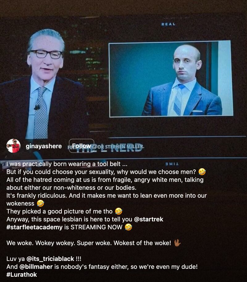 Gina Yashere posts about Bill Maher and Stephen Miller on Instagram.