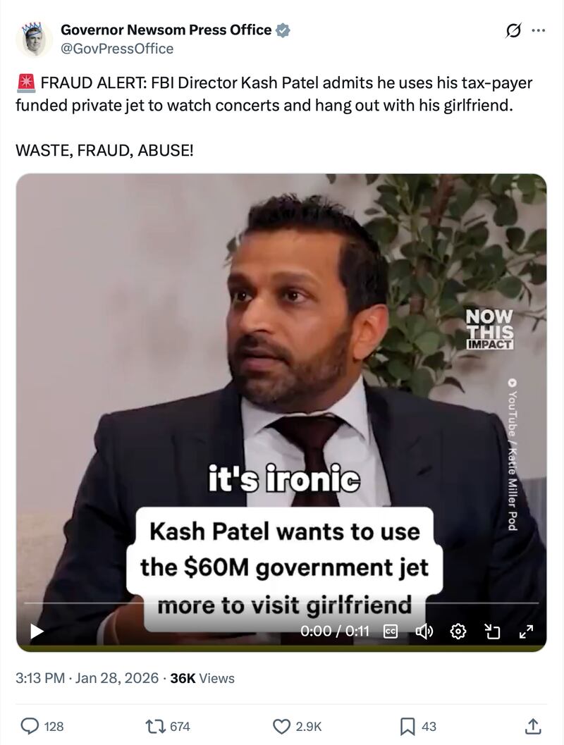 Newsom joined a long list of critics of Patel's behavior.