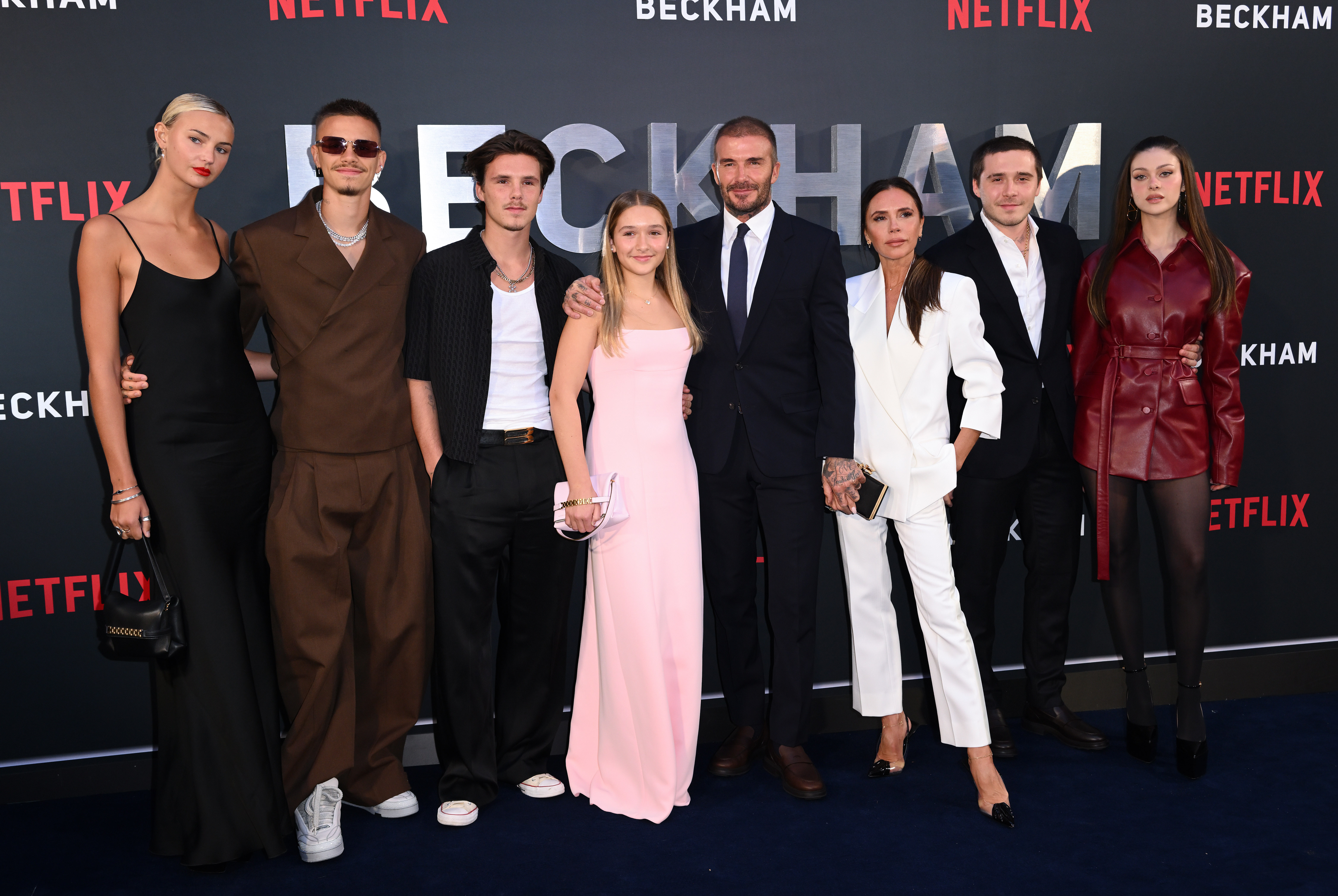 Mia Regan, Romeo Beckham, Cruz Beckham, Harper Beckham, David Beckham, Victoria Beckham, Brooklyn Beckham and Nicola Peltz at October 2023 
