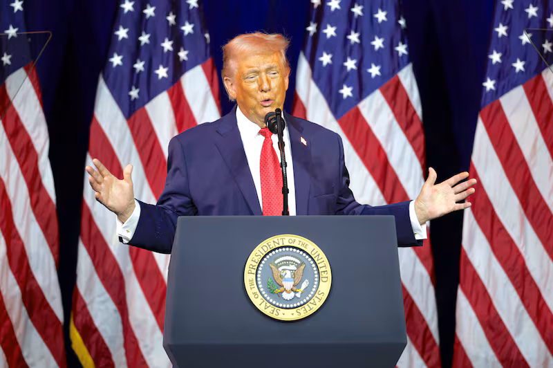 President Donald Trump addresses a House Republican retreat at The John F. Kennedy Center for the Performing Arts on January 06, 2026 in Washington, DC.