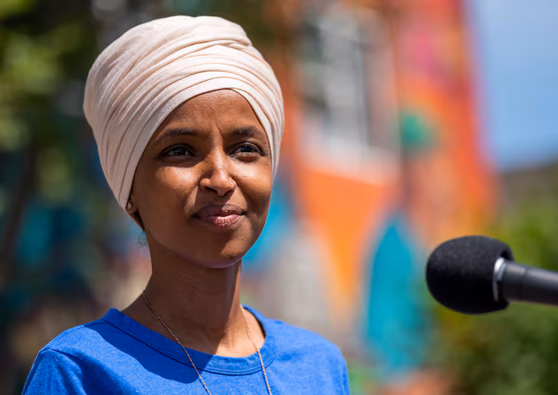 MINNEAPOLIS, MN - AUGUST 11: Rep. Ilhan Omar (D-MN) speaks with media gathered outside Mercado Central on August 11, 2020 in Minneapolis, Minnesota. Omar is hoping to retain her seat as the representative for Minnesota's 5th Congressional District in today's primary election. (Photo by Stephen Maturen/Getty Images)