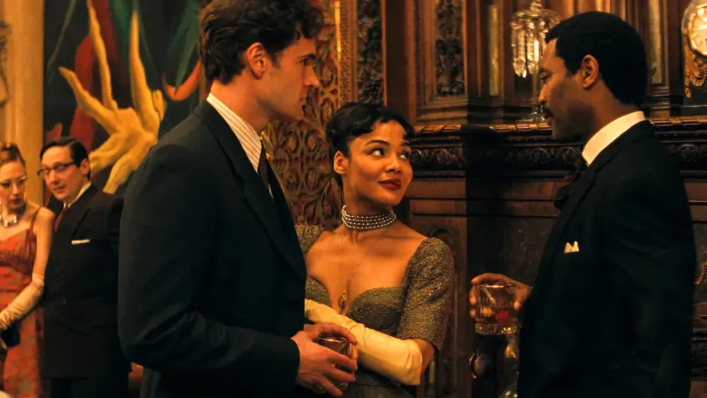 Tom Bateman, Tessa Thompson and Nicholas Pinnock in 'Hedda' (Credit: Amazon MGM Studios)