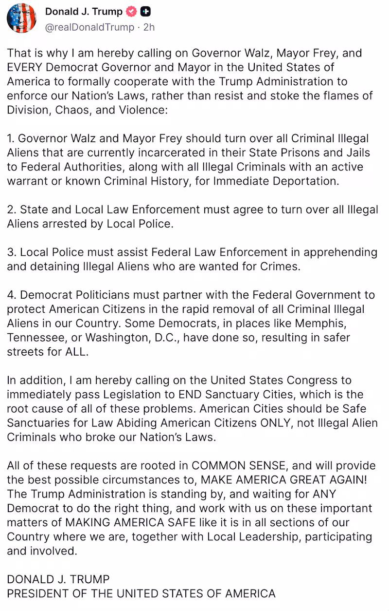 Donald Trump lays out his ICE strategy on Truth Social.