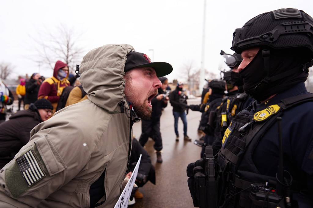 Protesters outside the Bishop Henry Whipple Federal Building on Thursday, January 16, 2026, in Minneapolis, Minnesota, as tensions continue following the fatal shooting of Renee Good by a federal immigration agent earlier this month and ongoing Immigration and Customs Enforcement enforcement operations in the city.