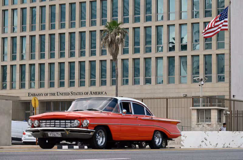 A car drives past the US embassy in Havana, on March 18, 2024.
