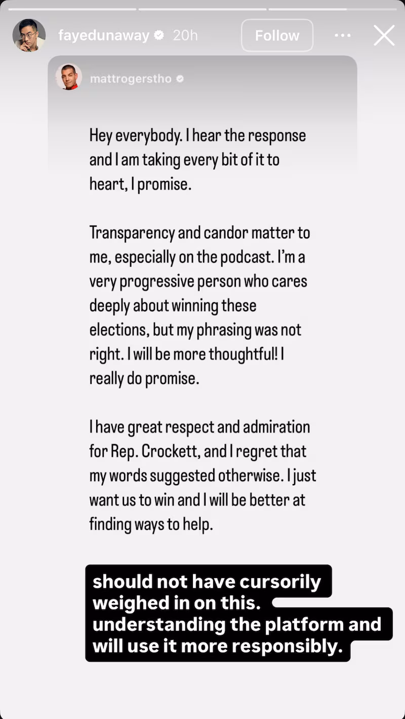 "Las Culturistas" hosts Matt Rogers and Bowen Yang apologize for their comments urging people not to donate to Rep. Jasmine Crockett, who is running for Senate in Texas.