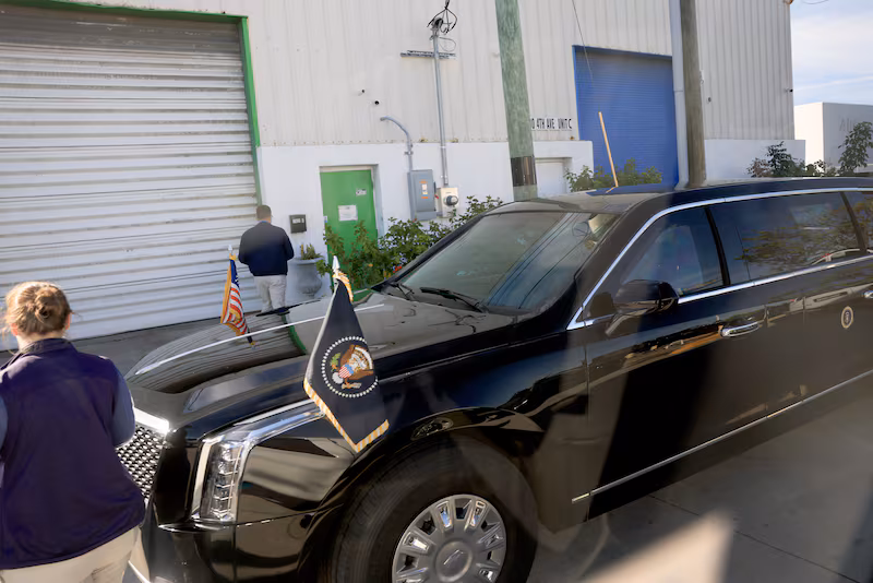"The Beast," parks in front of the Arc Stone & Tile store