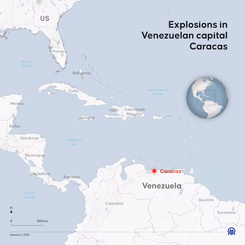 An infographic titled 'Explosions heard in Venezuelaâs capital amid US tensions: Reports' created in Ankara, Turkiye on January 03, 2026. Multiple strong explosions were heard in Venezuelaâs capital Caracas on Saturday amid rising tensions with the US, according to media reports.