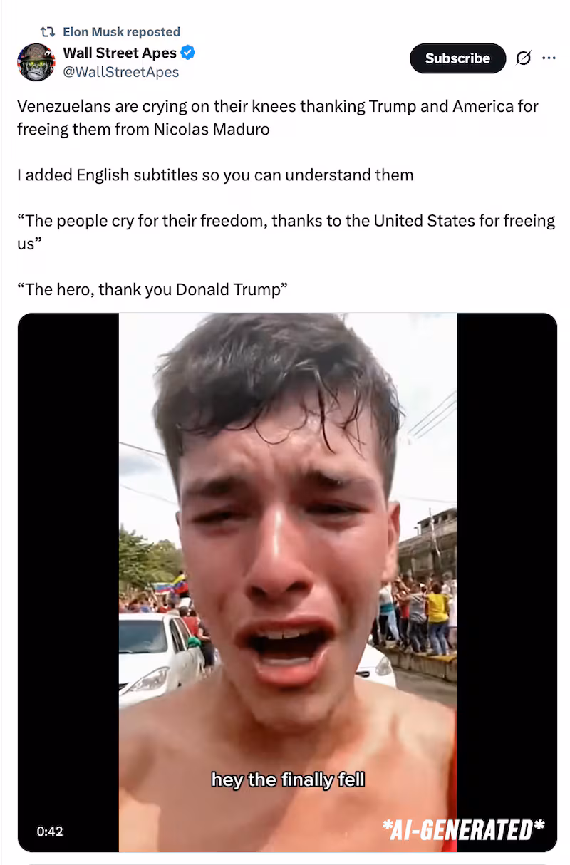 Elon Musk retweets AI-generated video of Venezuelans celebrating Donald Trump capturing Nicolás Maduro.