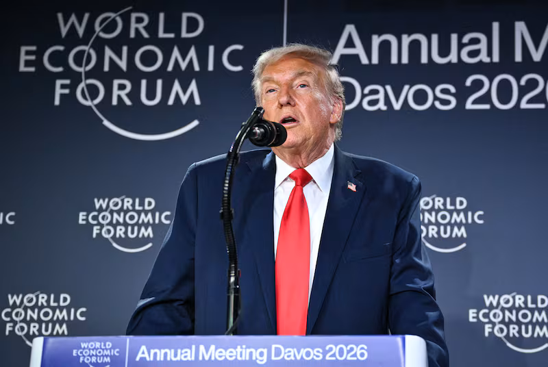 President Donald Trump, pictured speaking during a reception with business leaders on the sidelines of the World Economic Forum, said the U.S. reached a "framework" in regards to Greenland on January 21, 2026.
