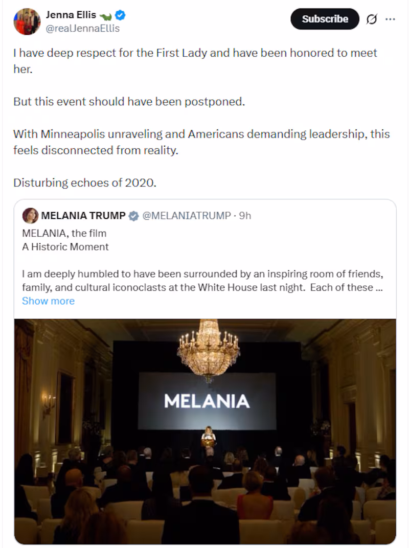 Jenna Ellis post on Melania premiere.