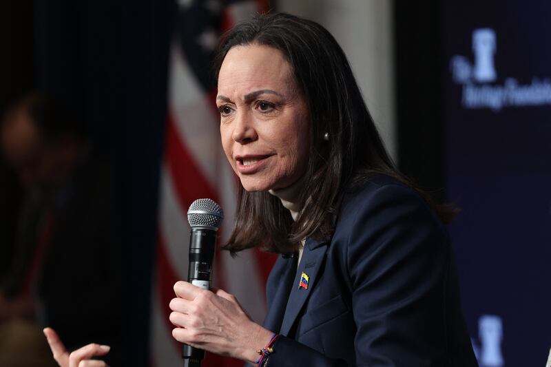 Venezuelan opposition leader and Nobel Peace Prize winner Maria Corina Machado speaks during a news conference at the Heritage Foundation headquarters in Washington, DC on January 16, 2026.