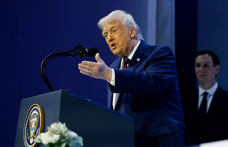 President Donald Trump speaks after holding a signing ceremony for the “Board of Peace” at the World Economic Forum (WEF) on January 22, 2026 in Davos, Switzerland.