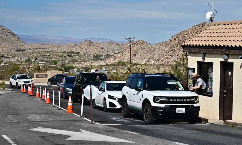 Vehicles wait in line to enter Joshua Tree National Park in California, on October 10, 2025.