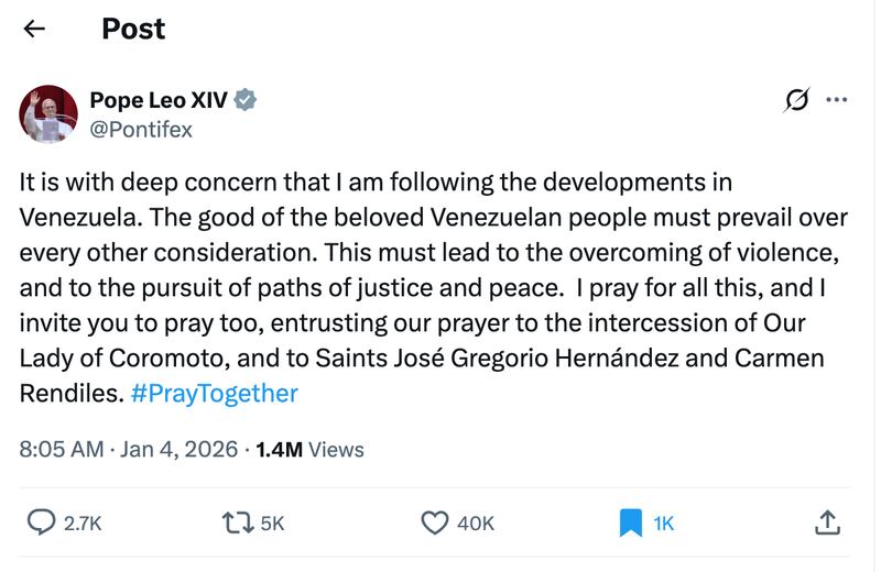 Pope Leo expressed grave concern over the United States' military action in Venezuela.