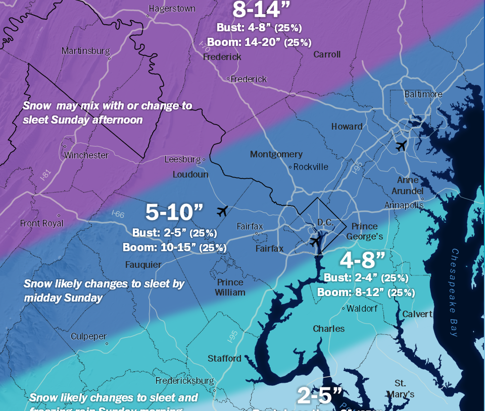 At least 5 to 10 inches of snow likely in D.C. area this weekend, plus ice
