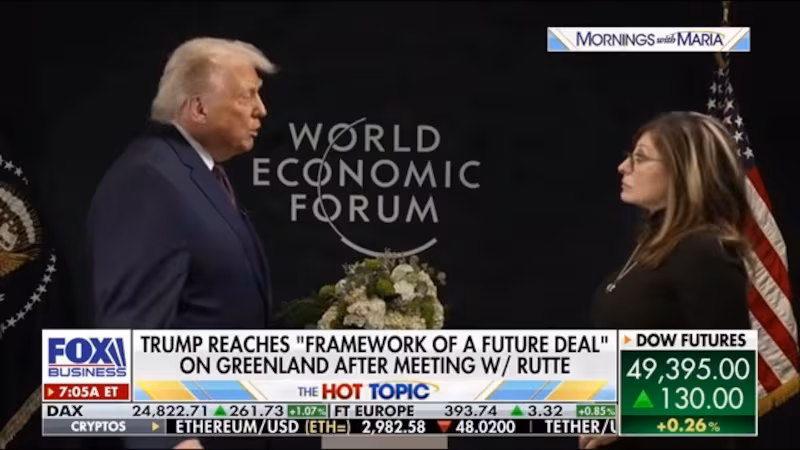 President Donald Trump speaking to Maria Bartiromo on Fox Business during the World Economic Forum in Switzerland.