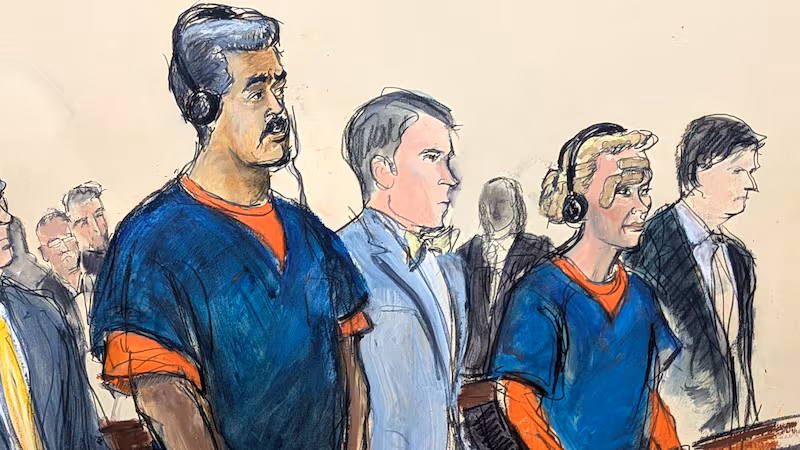 In this courtroom sketch, Venezuelan President Nicolas Maduro, left, and his wife, Cilia Flores, second from right, appear in Manhattan federal court with their defense attorneys Mark Donnelly, second from left, and Andres Sanchez, Monday, Jan. 5, 2026, in New York.