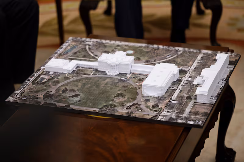 A rendering of President Donald Trump's proposed White House ballroom is displayed in the Oval Office of the White House on October 22, 2025 in Washington, DC.