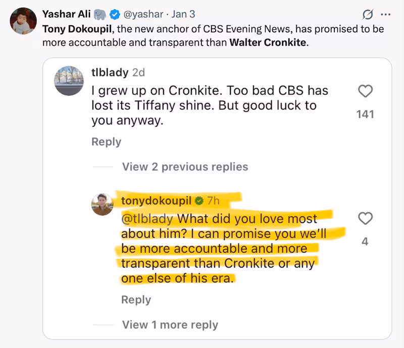 Tony Dokoupil comments about Walter Cronkite to an Instagram user.