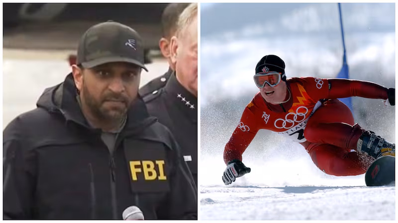 A split image of Kash Patel, left, and Ryan Wedding in the Olympics in 2002, right.