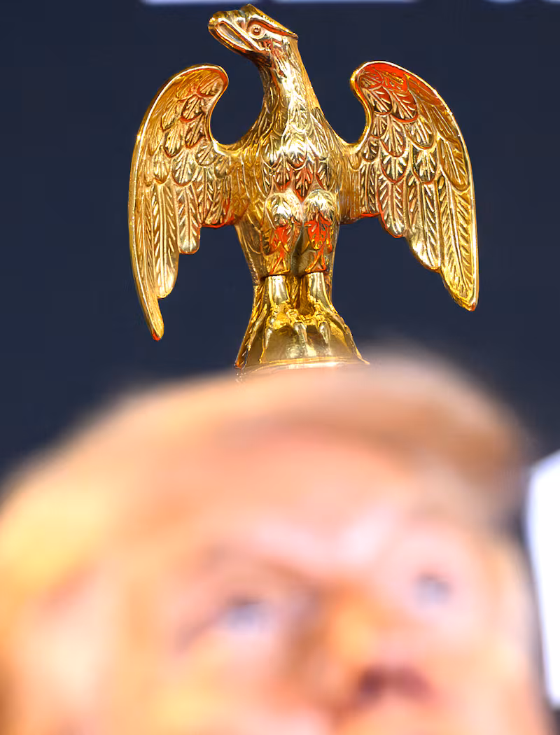 A gold finial of an eagle is seen behind US President Donald Trump