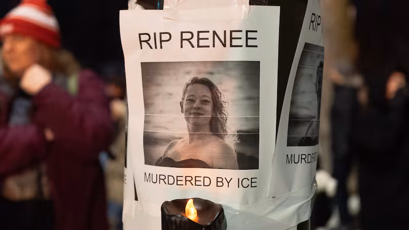 MINNEAPOLIS, MINNESOTA - JANUARY 07: A notice reading "RIP Renee, murdered by ICE" is seen next to a memorial for Renee Nicole Good on January 07, 2026 in Minneapolis, Minnesota. According to federal officials, an ICE agent shot and killed Good during a confrontation earlier today in south Minneapolis. (Photo by Scott Olson/Getty Images)