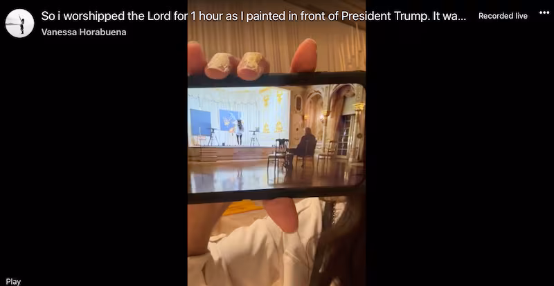 Artist Vanessa Horabuena shares a photo of Donald Trump watching her paint at Mar-a-Lago.