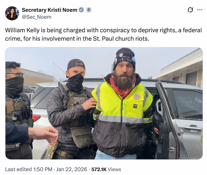 An X post from DHS Secretary Kristi Noem sharing the photograph of one of the arrested protesters, William Kelly. Kelly is wearing a beanie that says 'F--- Trump.'