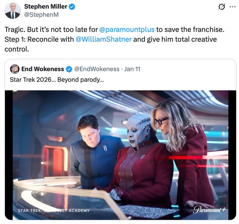 Stephen Miller posts about Star Trek on X.