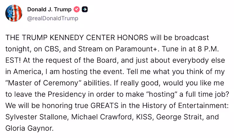 Donald Trump brags about his hosting skills before the Kennedy Center Honors.