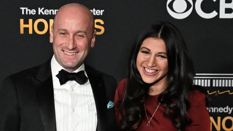 White House Deputy Chief of Staff Stephen Miller and his wife Katie Miller arrive for the 48th Kennedy Center Honors gala at the Kennedy Center in Washington, DC, on December 7, 2025.