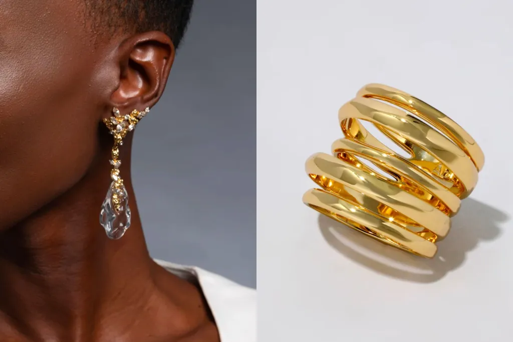 On left: woman with a lucite drop earring. On right: A gold stack ring.