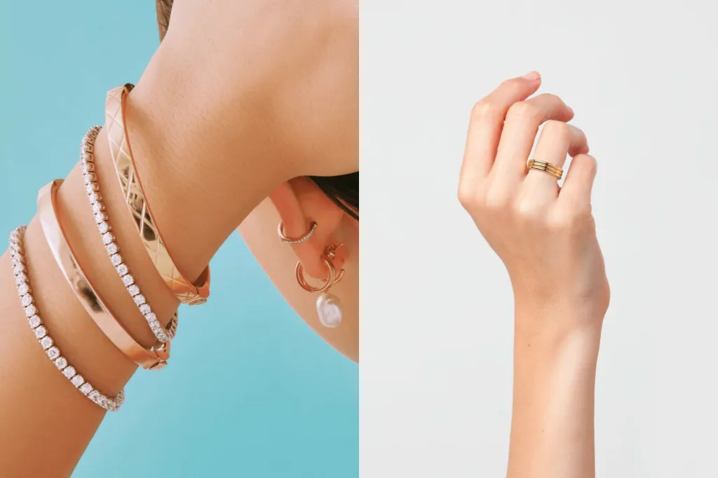 Left: A woman with a stack of bracelets on her wrist. Right: A hand with a ring on one finger.