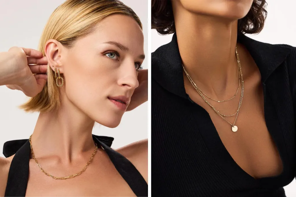 Two photos of women wearing jewelry. 