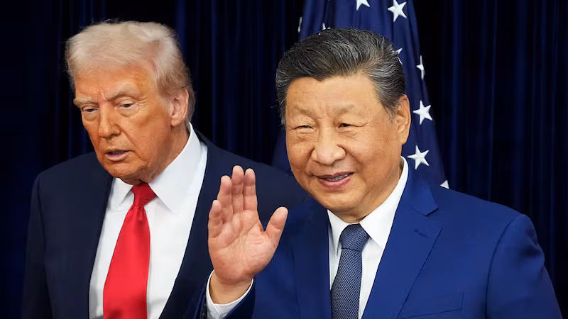U.S. President Donald Trump and Chinese President Xi Jinping react after posing for photos ahead of a bilateral meeting at Gimhae Air Base on October 30, 2025 in Busan, South Korea.